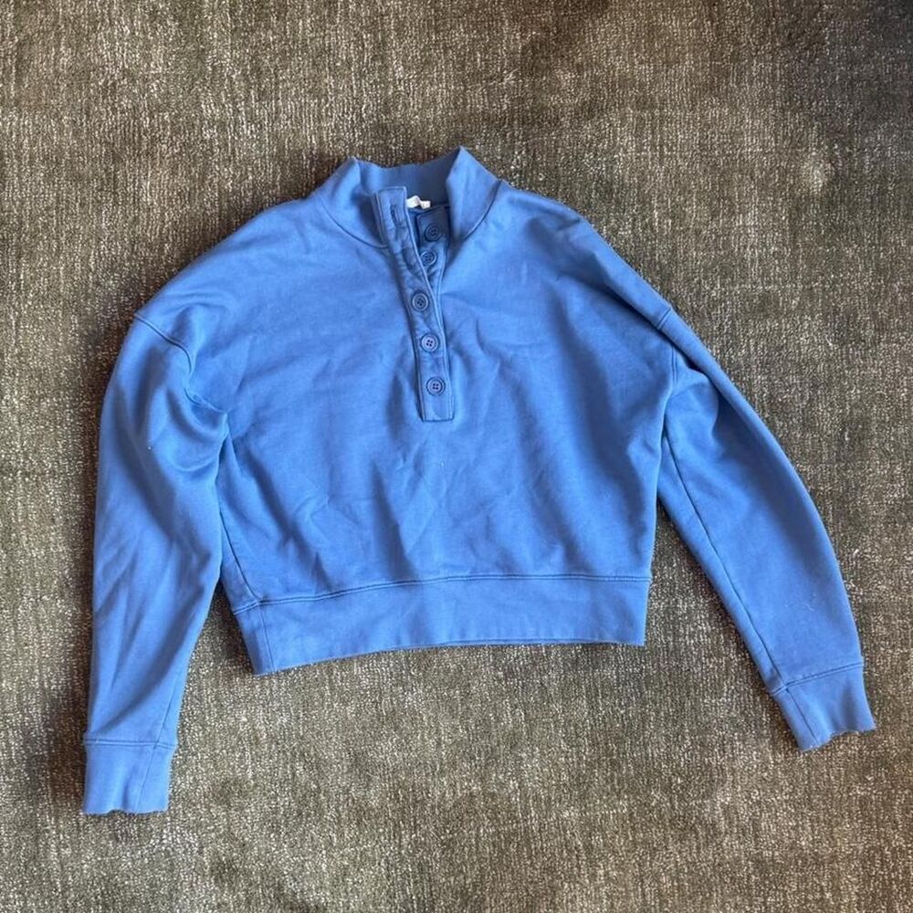 Reformation Baby Blue Cropped Sweatshirt with front Buttons